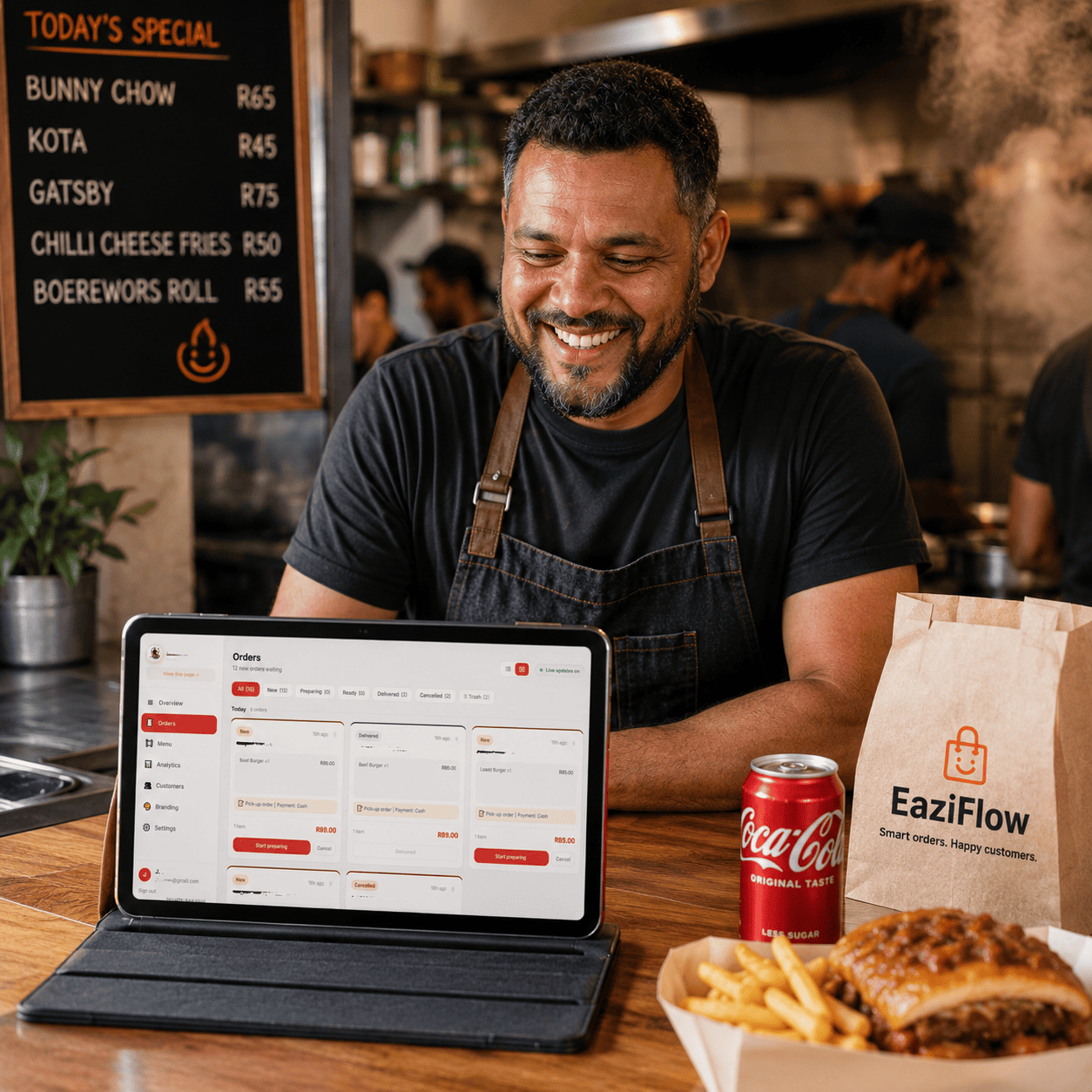 Restaurant owner managing orders on a tablet
